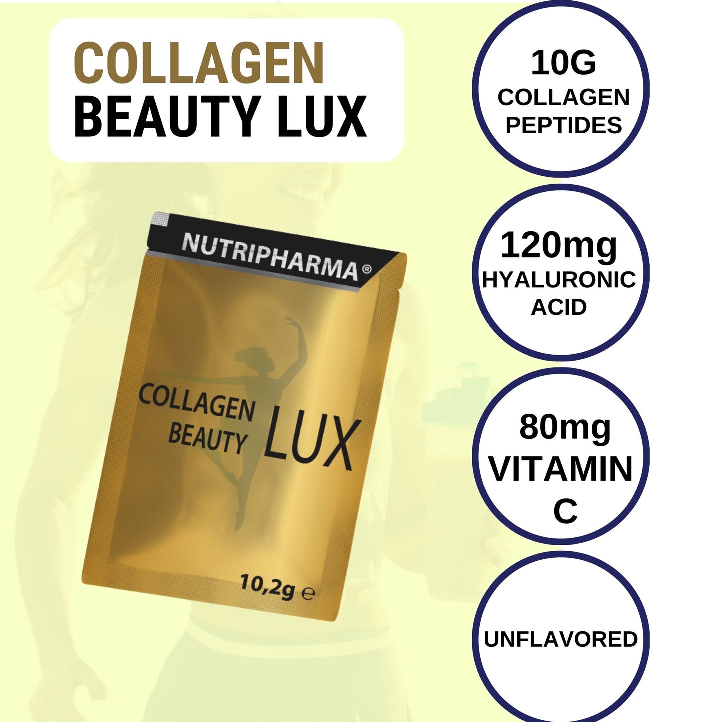 Nutripharma Collagen Beauty Lux, hydrolysiertes Kollagenpeptidpulver für Frauen und Männer, fördert Haare, Nägel, Haut, geschmacksneutrales Kollagenpulver mit Hyaluronsäure und Vitamin C, 30 Portionen