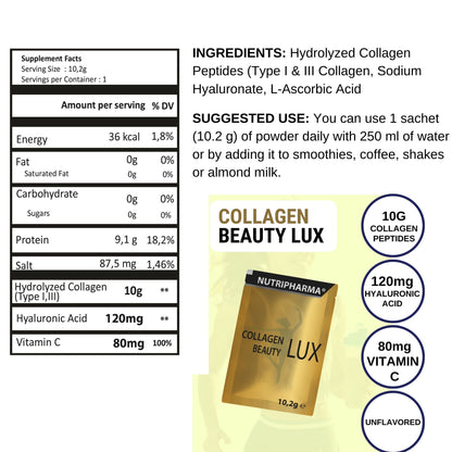 Nutripharma Collagen Beauty Lux, hydrolysiertes Kollagenpeptidpulver für Frauen und Männer, fördert Haare, Nägel, Haut, geschmacksneutrales Kollagenpulver mit Hyaluronsäure und Vitamin C, 30 Portionen