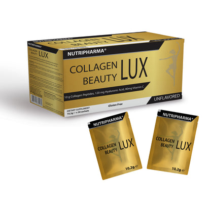 Nutripharma Collagen Beauty Lux, hydrolysiertes Kollagenpeptidpulver für Frauen und Männer, fördert Haare, Nägel, Haut, geschmacksneutrales Kollagenpulver mit Hyaluronsäure und Vitamin C, 30 Portionen