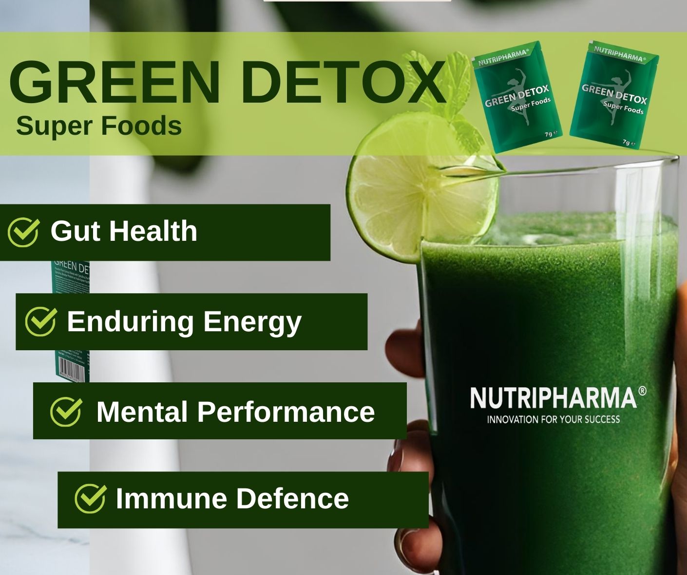 NUTRIPHARMA GREEN DETOX Super Foods, 30 Beutel, Ananasgeschmack