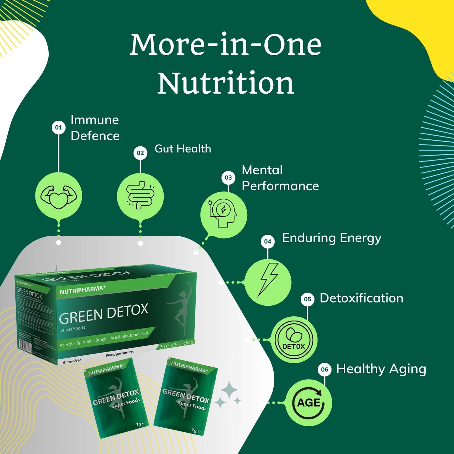 NUTRIPHARMA GREEN DETOX Super Foods, 30 Beutel, Ananasgeschmack