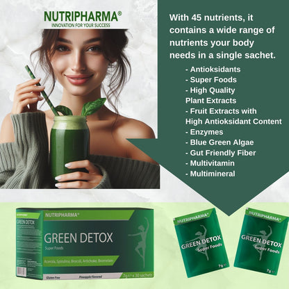 NUTRIPHARMA GREEN DETOX Super Foods, 30 Beutel, Ananasgeschmack