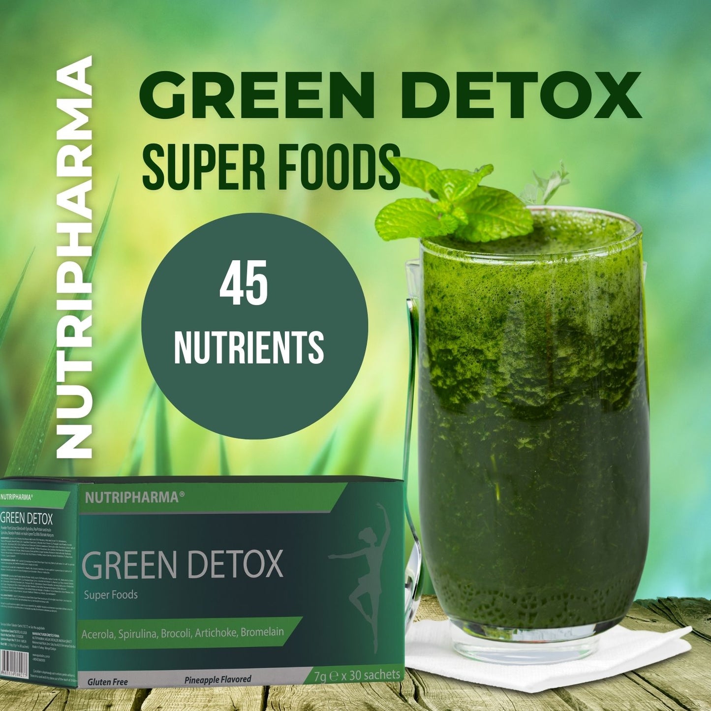 NUTRIPHARMA GREEN DETOX Super Foods, 30 Beutel, Ananasgeschmack