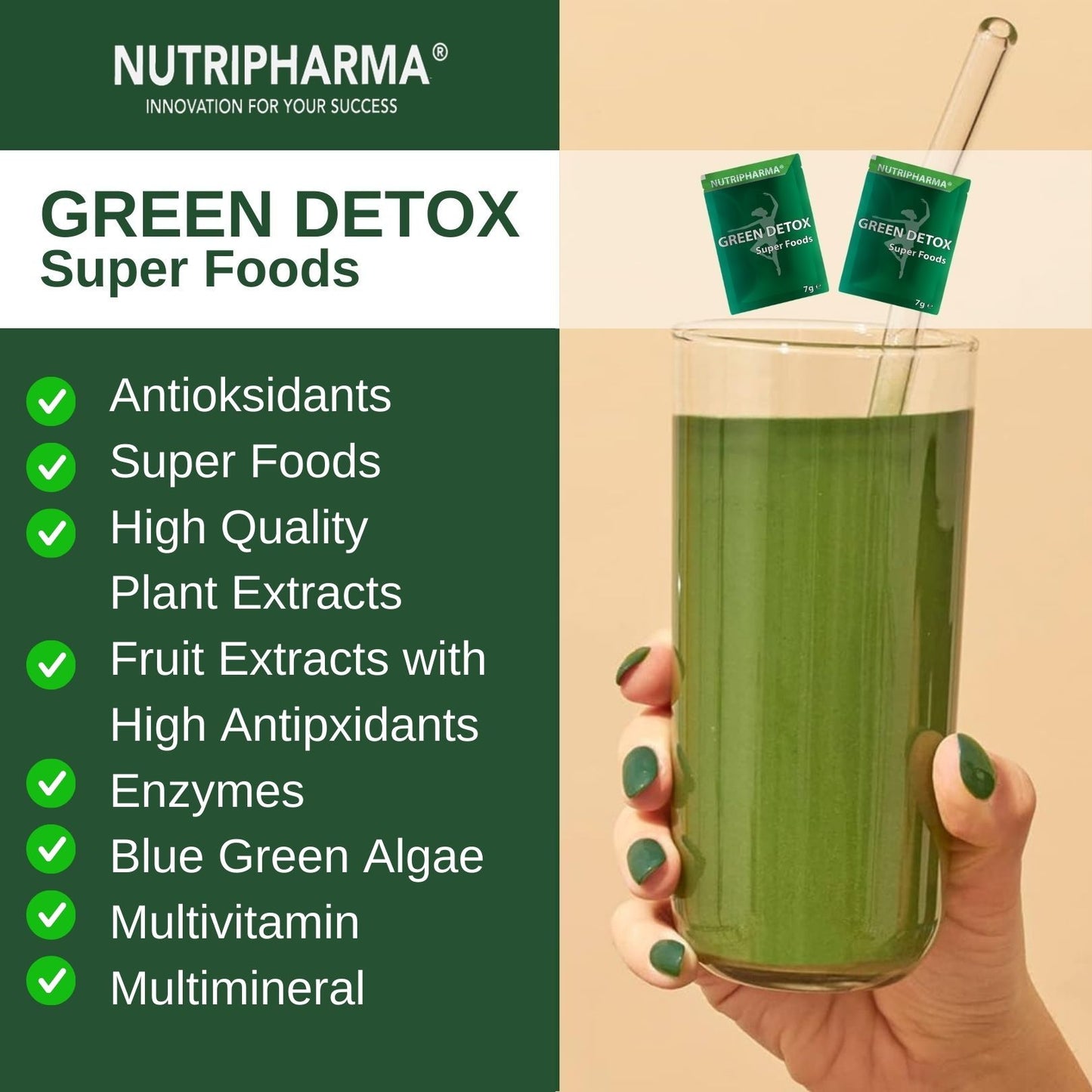 NUTRIPHARMA GREEN DETOX Super Foods, 30 Beutel, Ananasgeschmack